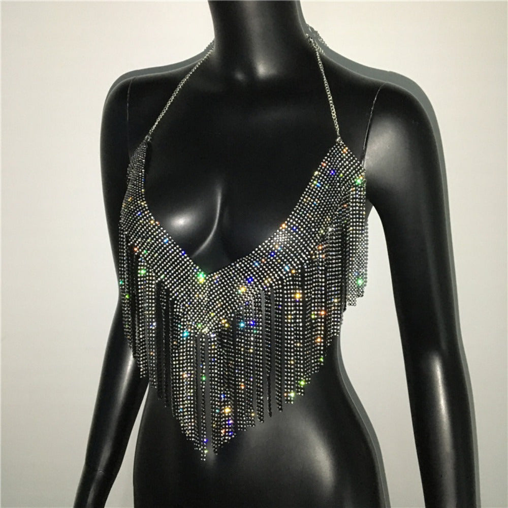 Glamorous Golden-Tone Rhinestone Tassel Necklace - Luxurious Alloy Crop Top with Sparkling Fringe Detail, Perfect for Parties & Celebrations